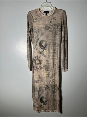 Dolls Kill Widow Taupe Scripted Skull Long-Sleeve Maxi Dress